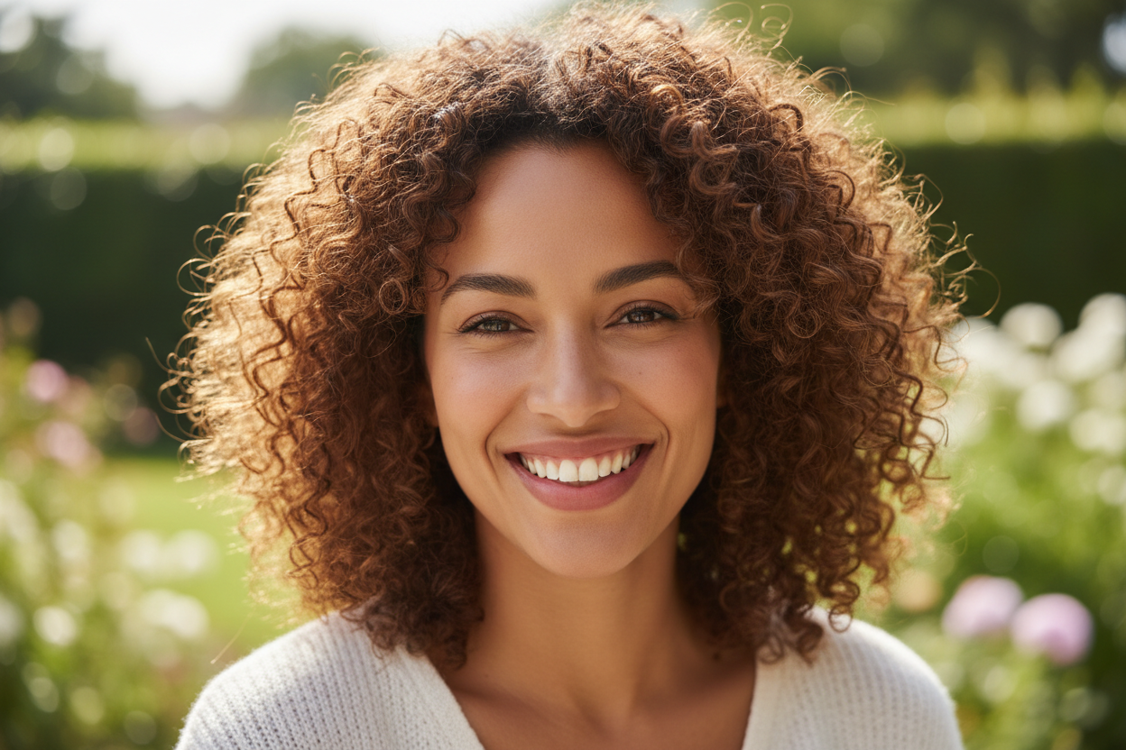 A light brown boamn with curly beautiful hair and skin, smailling